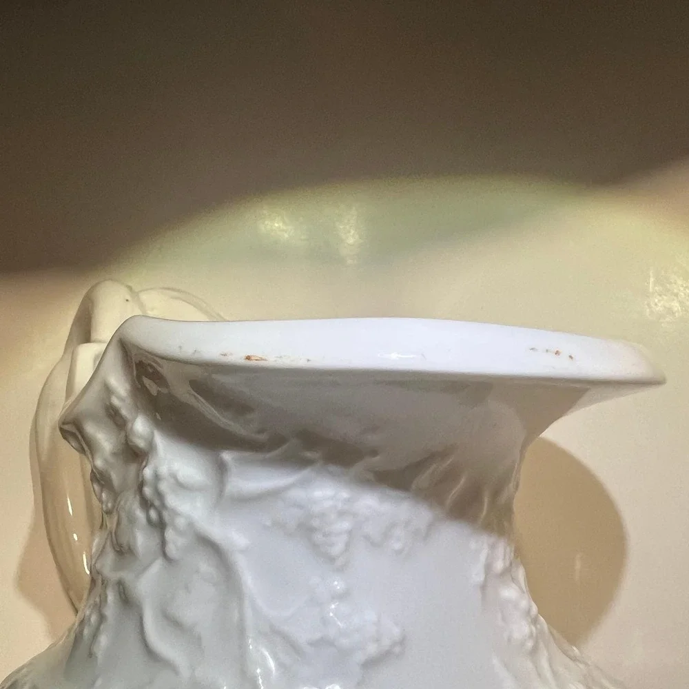 Vintage White Glass Cherub Pitcher Embossed Grape Vine Relief molded Victorian‎